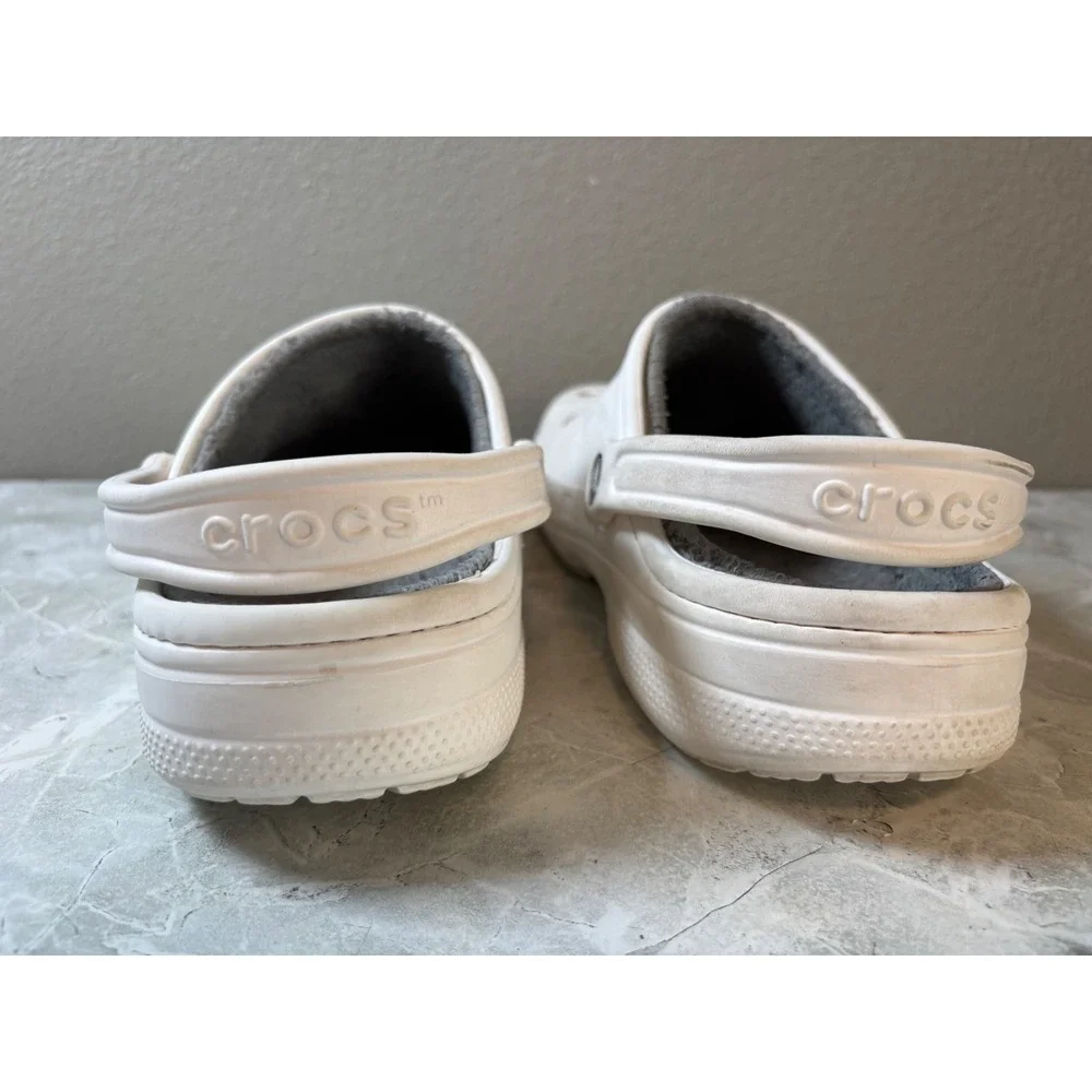 Crocs Baya Lined Clogs Mens Size 9 White Grey Fleece Insulated Slip On Shoes